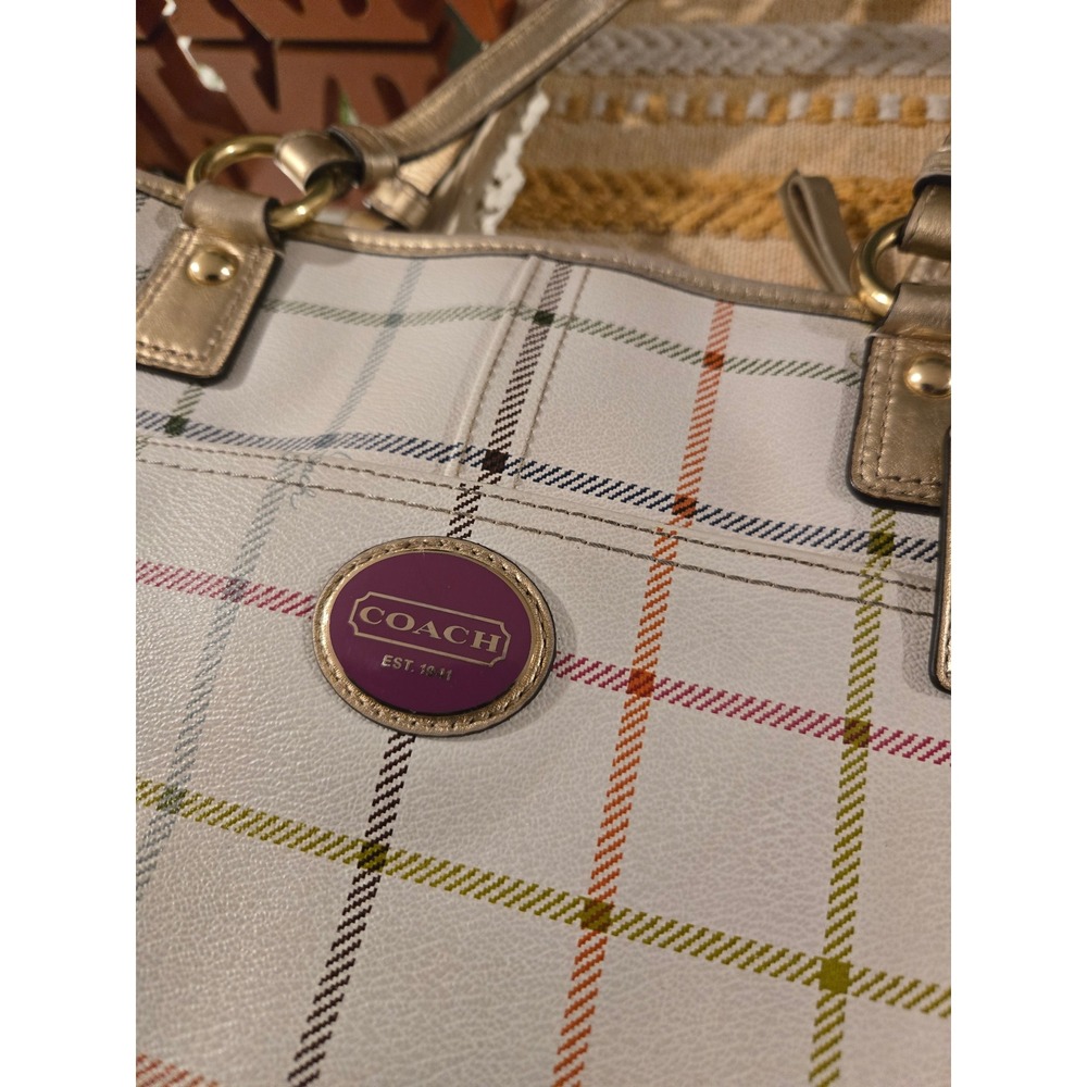 VTG‎ Y2K Coach Tartan Plaid Tote Bag White Gold Leather Trim Multi Color - Picture 4 of 13